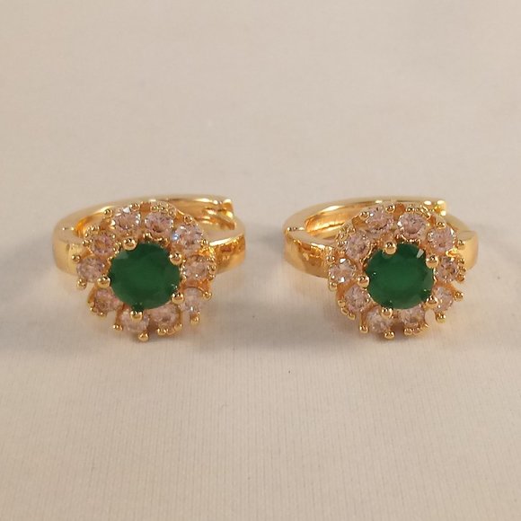 18K Yellow Gold Filled Flower Jade Green Diamond Zircon Hoop Huggie Earrings - Picture 4 of 6